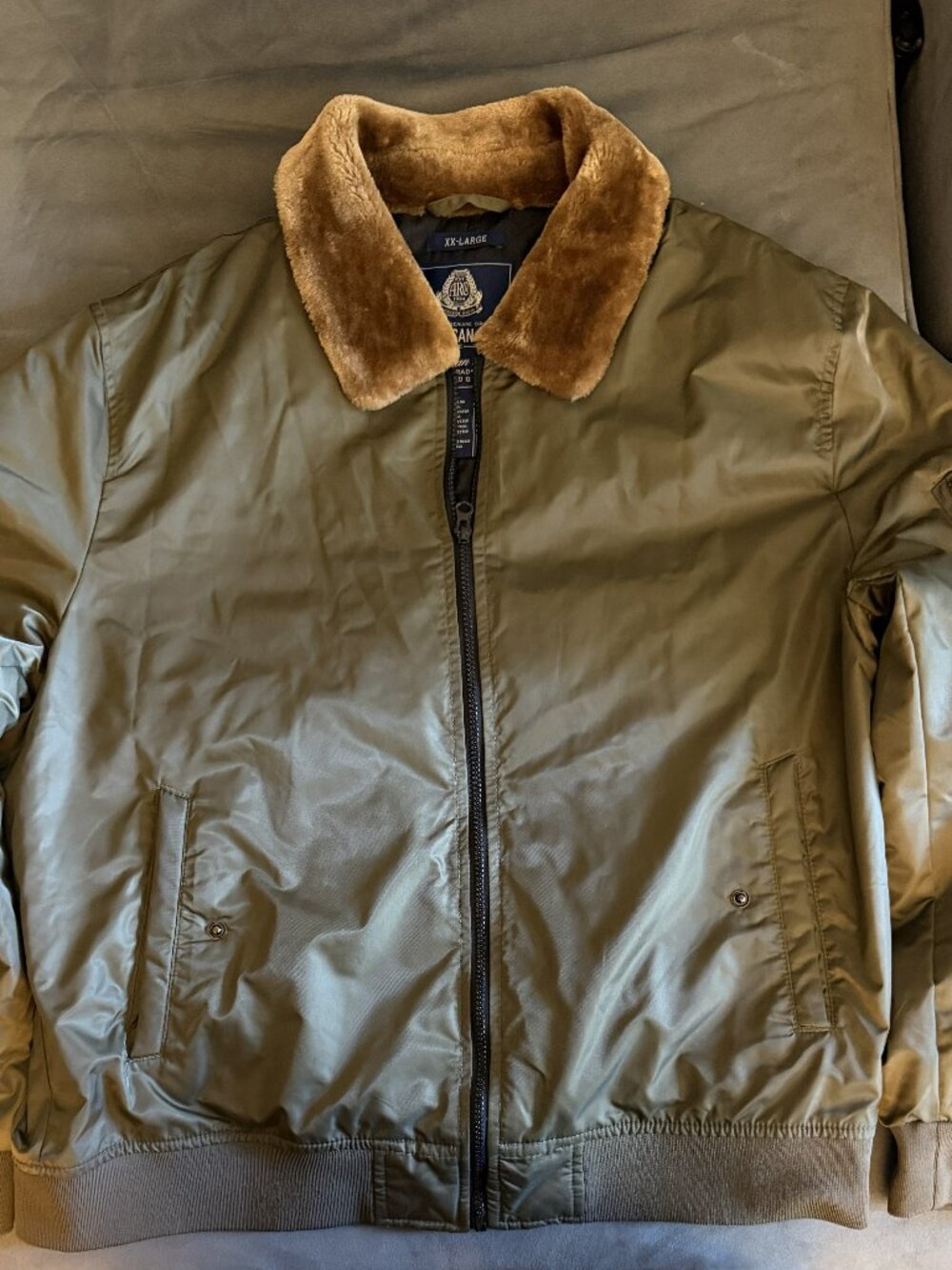 American Rag Cie Men's Olive Nylon Bomber Jacket with Brown Faux Fur Collar